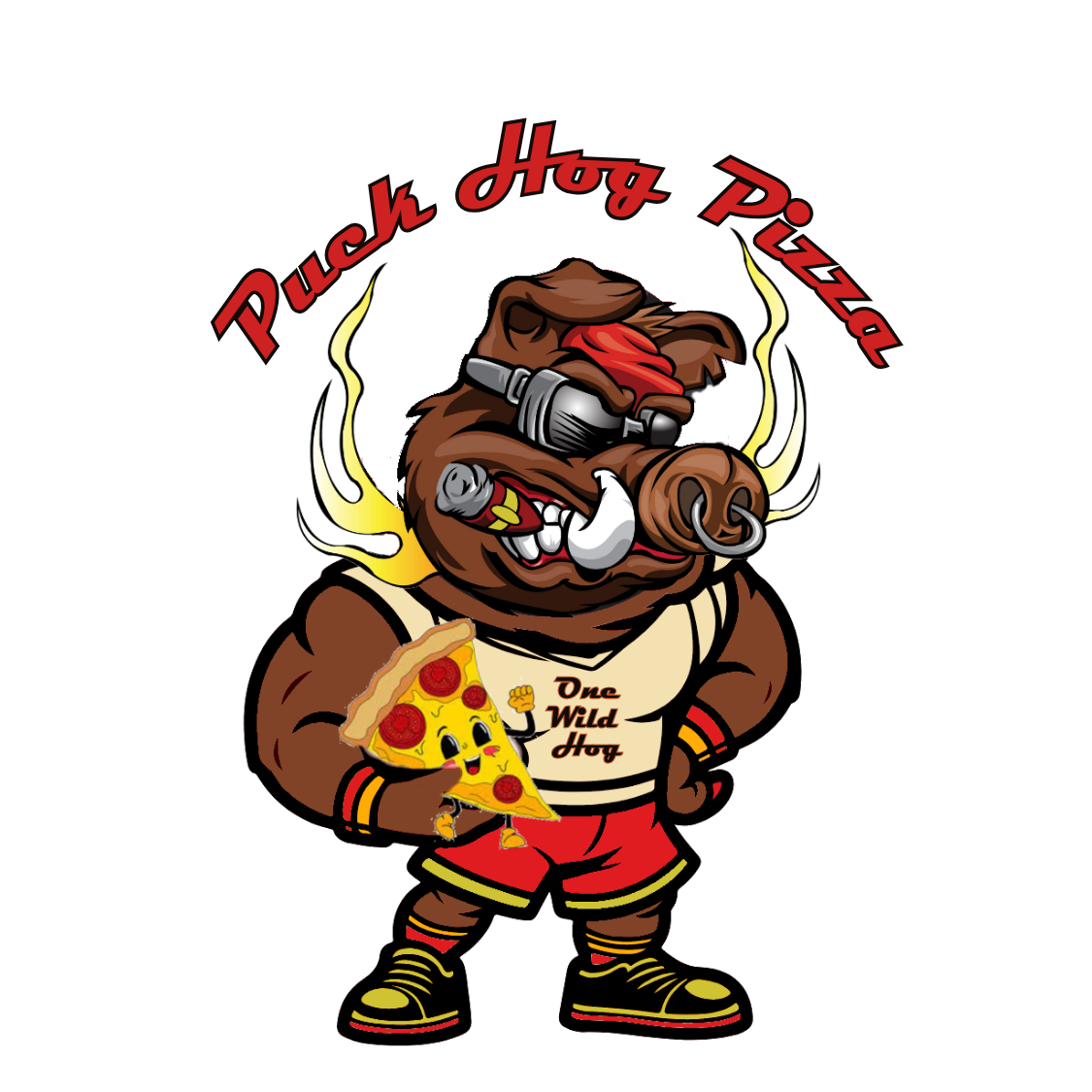Picture of a hog eating pizza